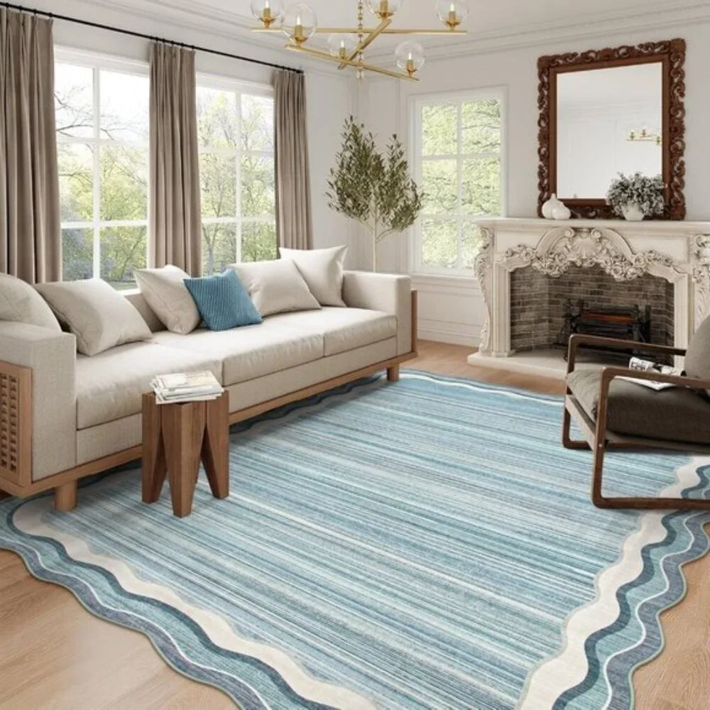 New 5x7 Blue Scalloped Rug, Washable, Non-Slip, Soft Modern Carpet for Bedroom